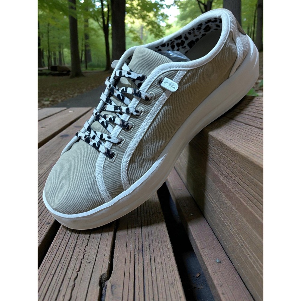 Hey Dude Karina Joy‎ Womens 6 Tan Khaki Canvas Sneakers Leopard Print Laces